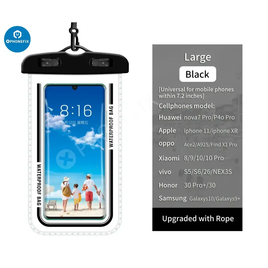 PhoneFIX universal transparent waterproof bag for mobile phones, clear phone protector case with secure sealing.