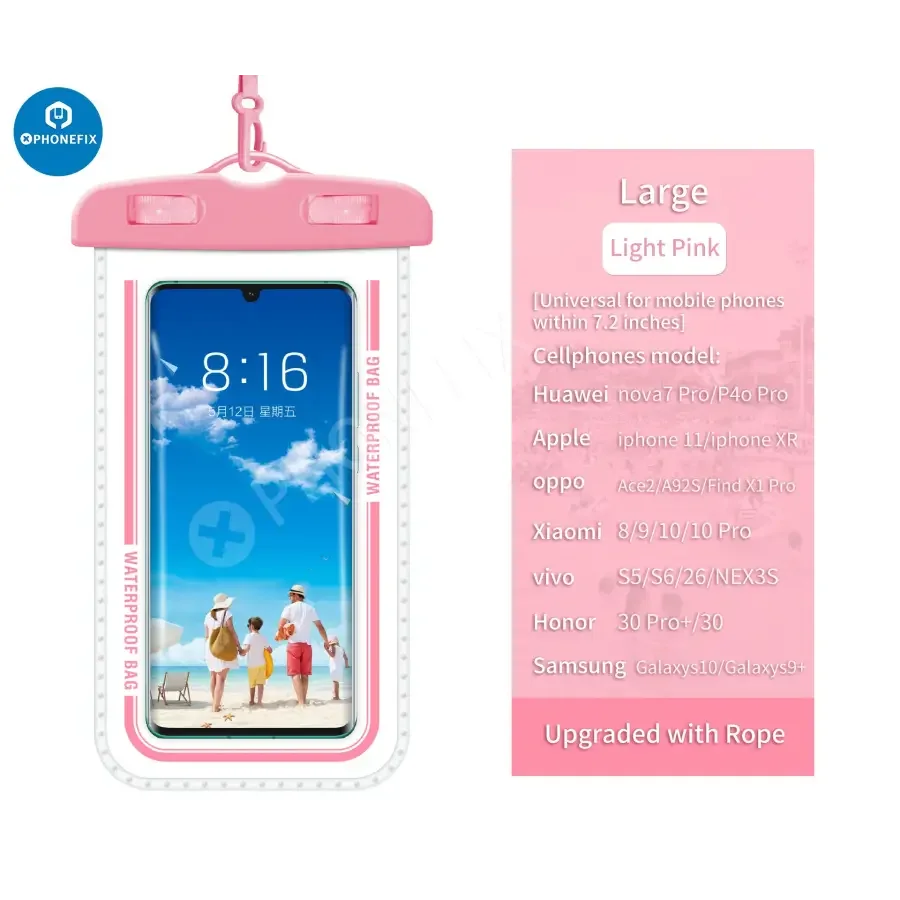 White PHONEFIX universal waterproof phone protector case with transparent design for mobile phones, suitable for water-resistant protection.