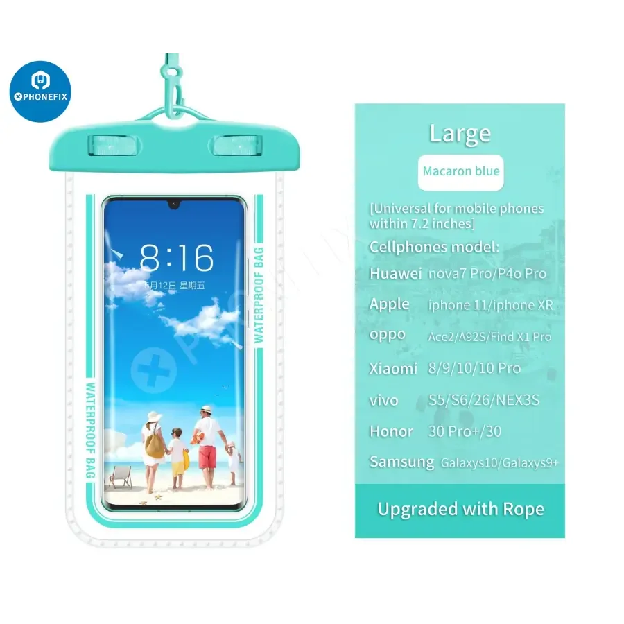 White PHONEFIX waterproof phone protector case, transparent universal bag for mobile phones, keeps device dry and safe from water damage.