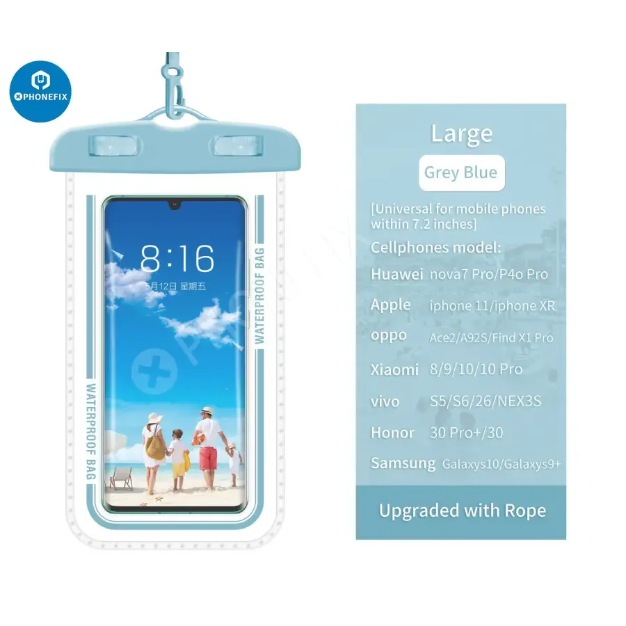 White PHONEFIX waterproof phone protector case, transparent universal bag for mobile phones, keeps device safe from water.