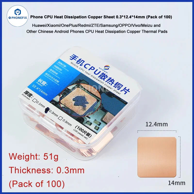 PhoneFix mobile phone repair tools with 0.1mm copper heatsink sheet and thermal conductive pads for CPU cooling.