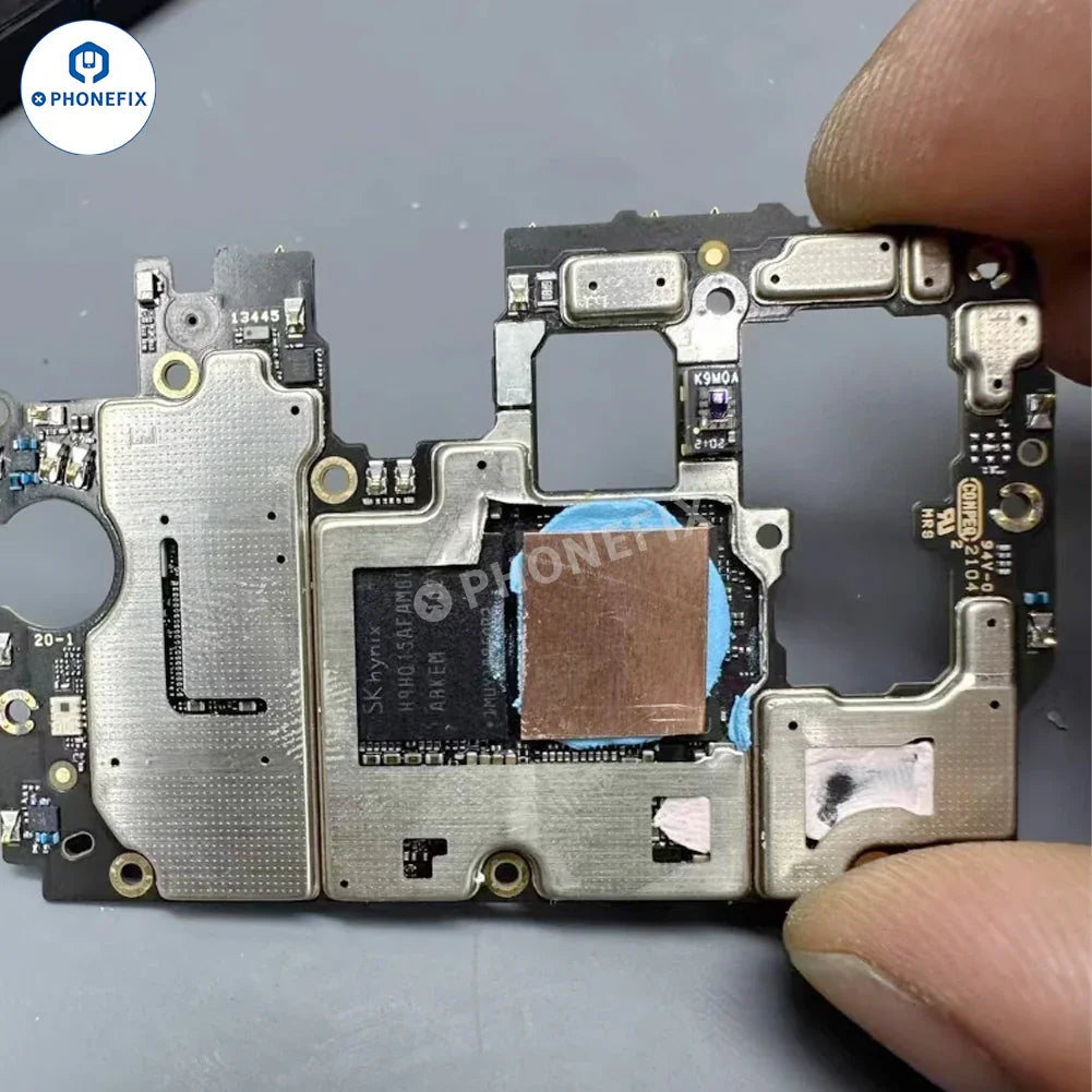 PhoneFix mobile phone repair tools with copper heatsink sheet and thermal conductive pads for CPU cooling and heat dissipation.
