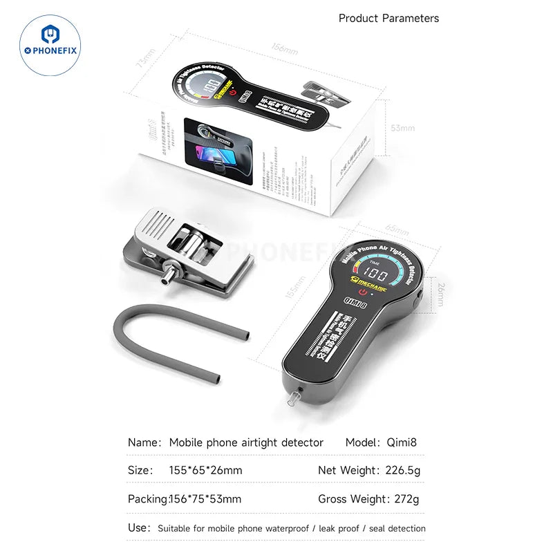 PhoneFix Qimi8 mechanic phone repair tool for testing waterproof seals and detecting leaks on smartphones.