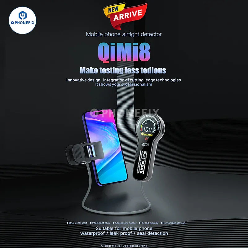 PHONEFIX Mechanic Qimi8 phone repair tool, airtight detector and waterproof leak seal tester, shown with digital display and testing probes.
