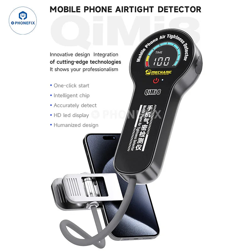 PHONEFIX Qimi8 phone repair tool for detecting water leaks and testing airtight seals on smartphones.