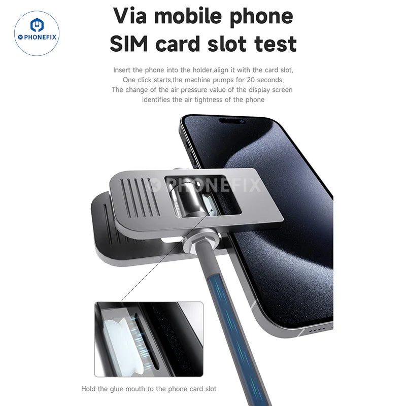 PhoneFIX Mechanic Qimi8 waterproof leak seal tester for phones, showing the airtight detector tool used in phone repair.