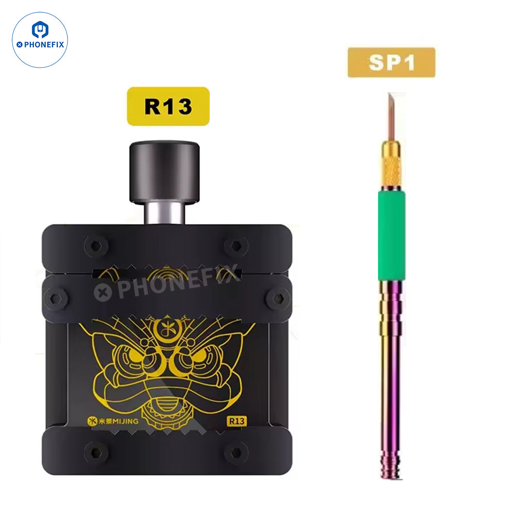MIJING R13 phone repair BGA IC de-soldering clamp with SP1 glue cleaning blade by PHONEFIX, used for precise circuit board work.