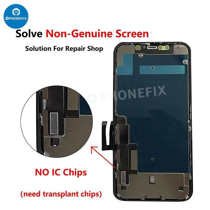 iPhone 11 to 14 Pro Max phone screen replacement by PHONEFIX showing the display with no touch IC circuitry