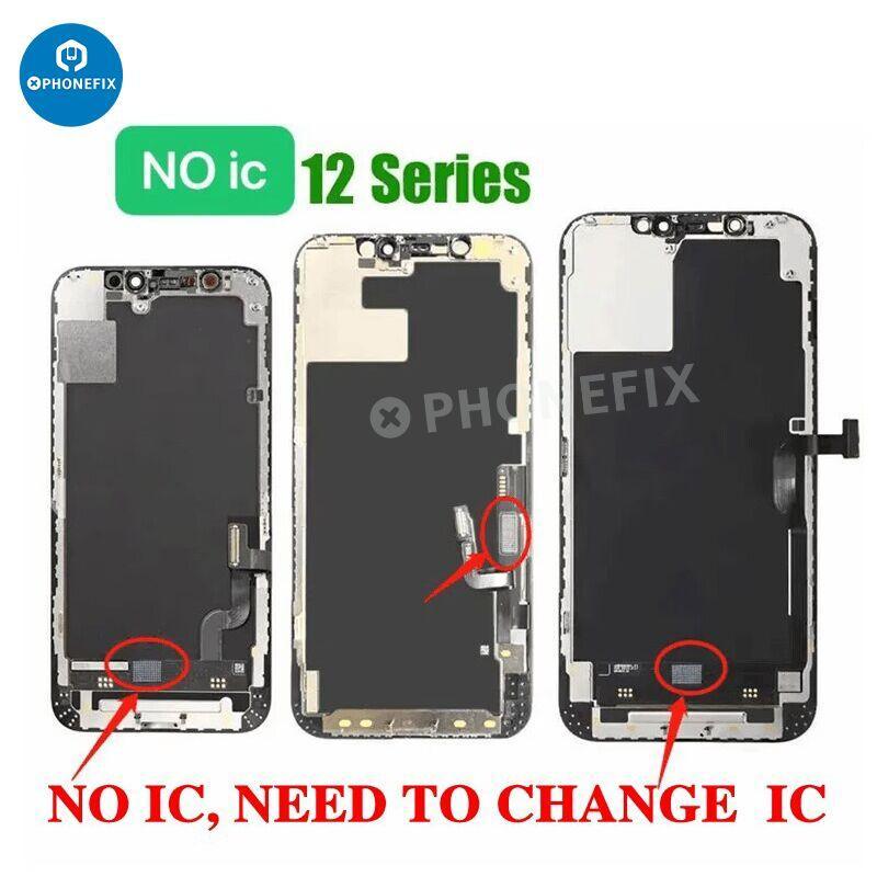 iPhone 11-17 Pro Max display screen replacement by PHONEFIX, showing the no-touch IC and front view of the phone screen