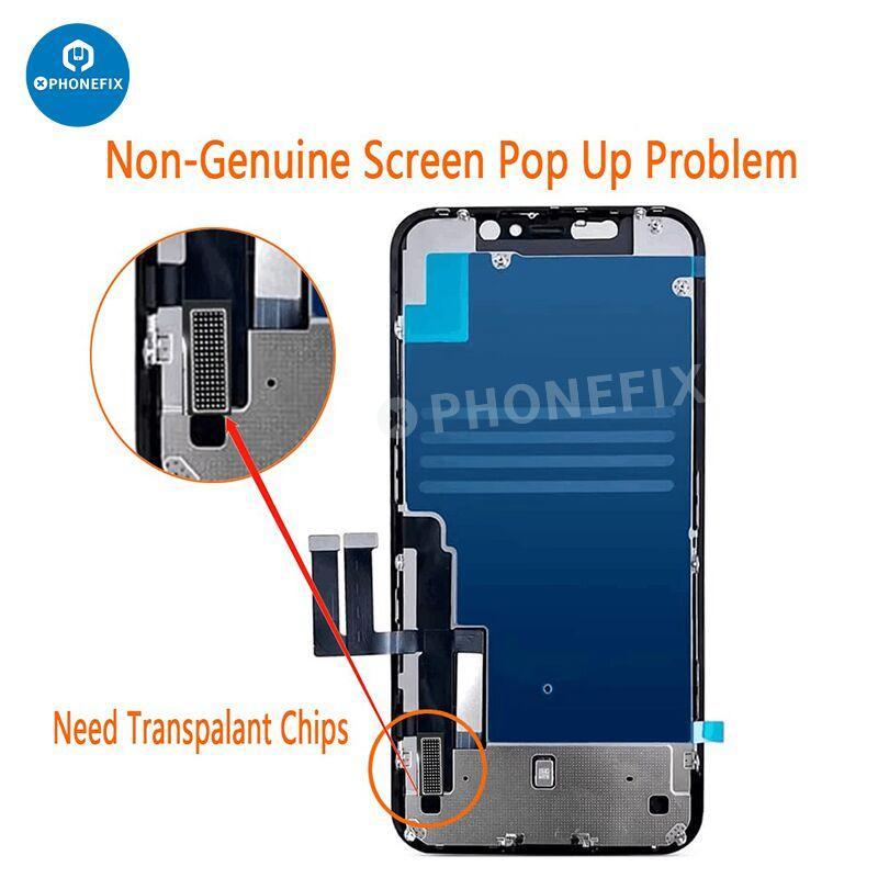 iPhone 11 to 17 Pro Max phone screen replacement with no touch IC by PHONEFIX, showing the display and internal components.