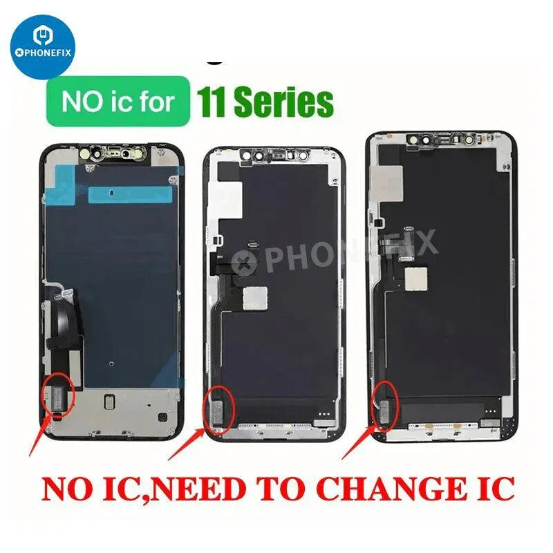 iPhone 11 to 14 Pro Max display screen replacement with no touch IC by PHONEFIX, showing the phone screen and internal components.
