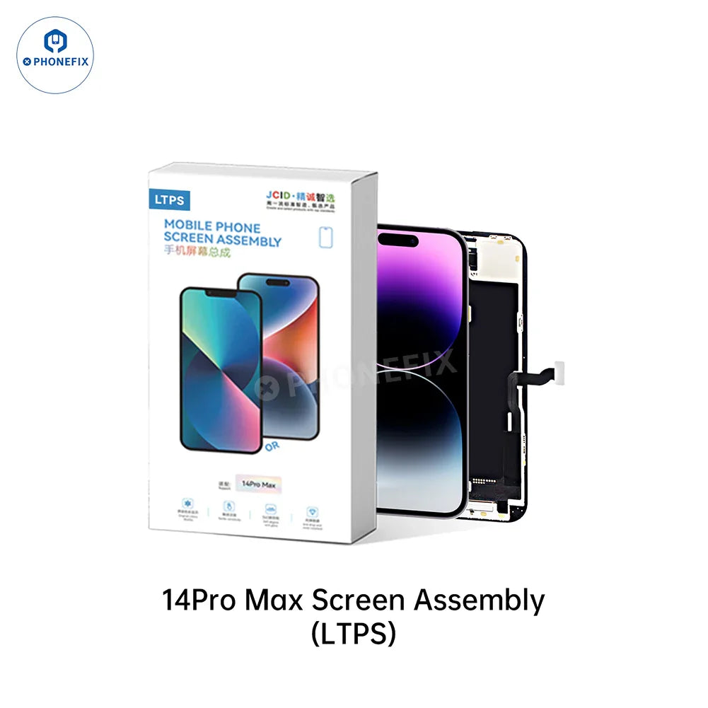 PhoneFix iPhone 14 Pro Max LTPS FHD 120Hz screen assembly for screen replacement, showing the front display with high refresh rate.