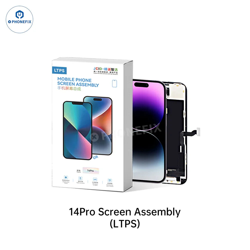 PhoneFix LTPS FHD 120Hz screen assembly for iPhone 14 Pro Max, showing the replacement display with LCD and digitizer components.