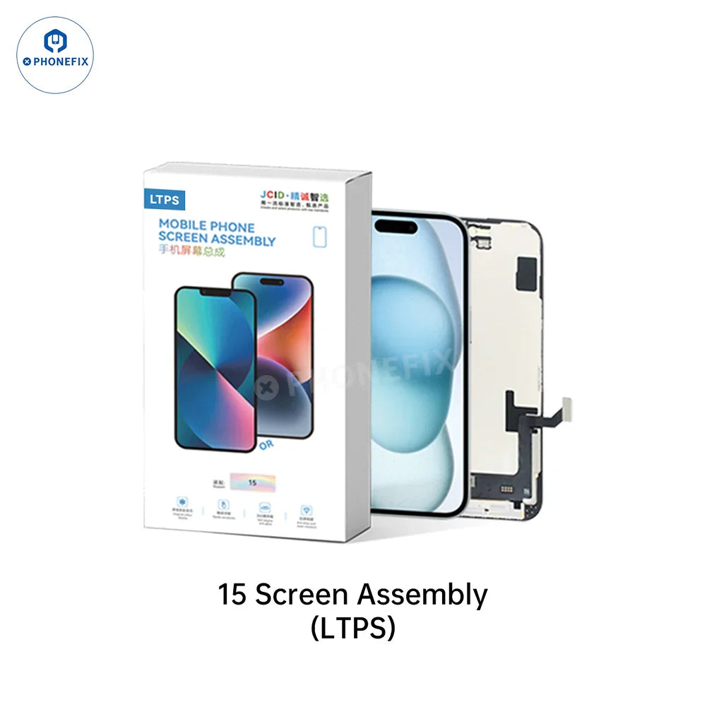 PhoneFIX iPhone 12-16 Pro Max LTPS FHD 120Hz screen assembly for phone screen replacement, showing front view with connectors and display.