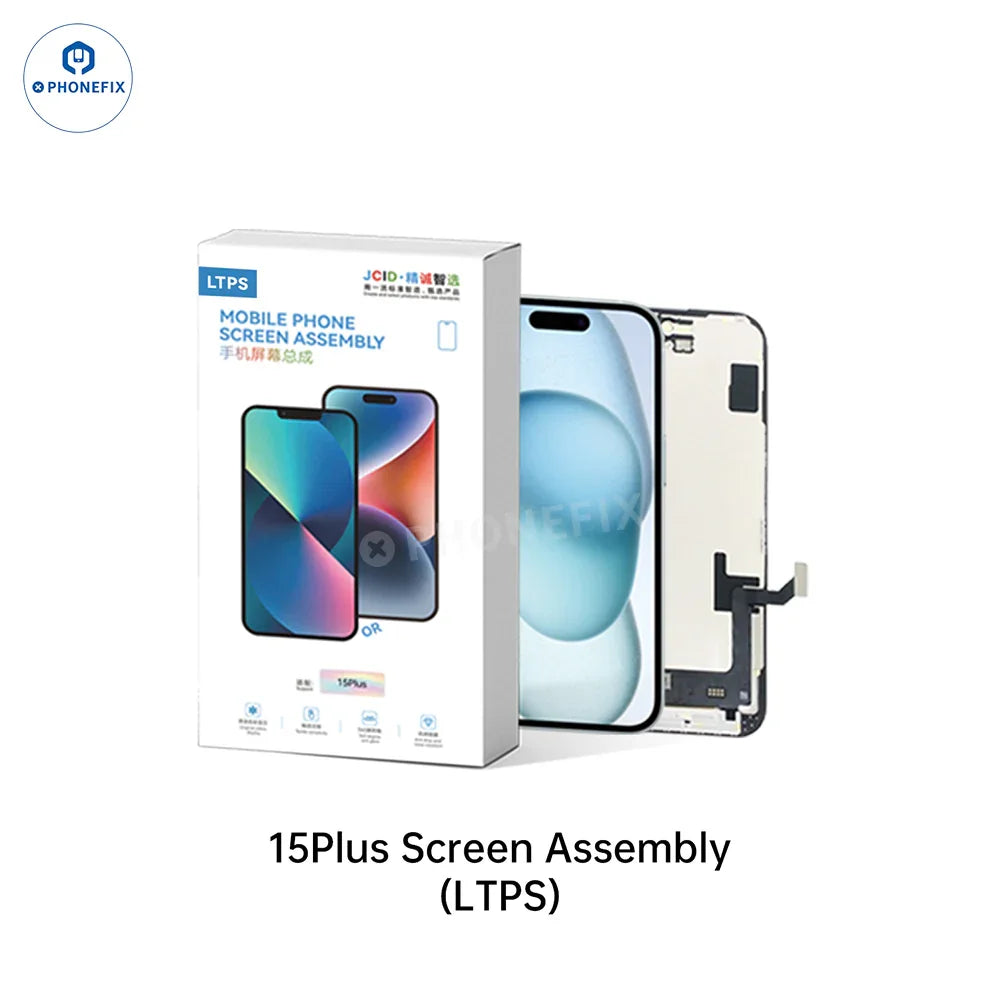 PHONEFIX iPhone 12-16 Pro Max LTPS FHD 120Hz screen assembly for phone screen replacement, showing the new display and frame.