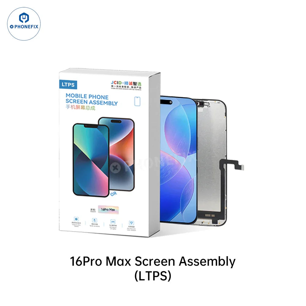 PhoneFIX iPhone 12-16 Pro Max LTPS FHD 120Hz screen assembly for phone screen replacement, showing the front display with black bezels.