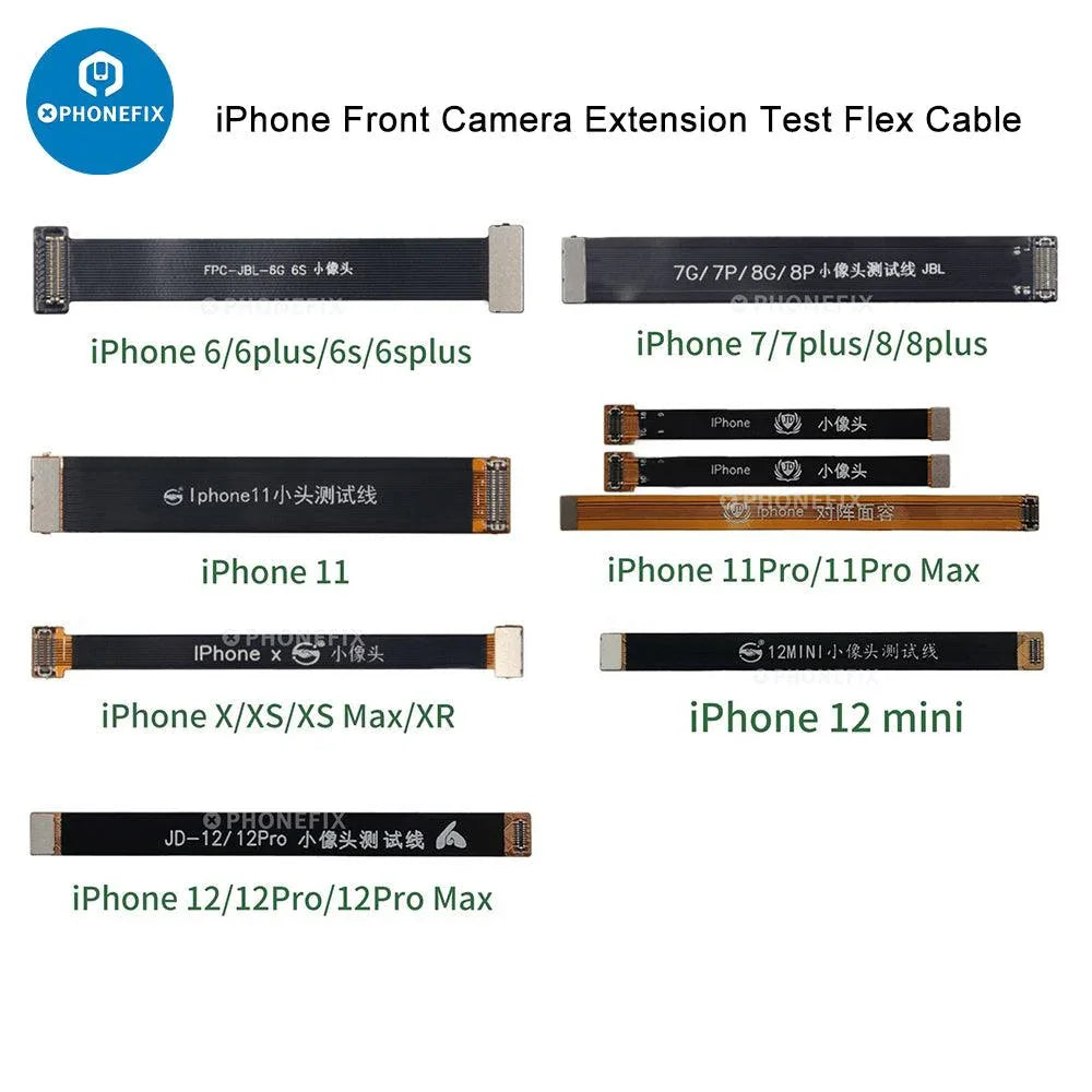 Test de câble flexible d'extension de caméra frontale PhoneFIX iPhone 6-15 Pro Max pour remplacement d'écran, montrant le câble flexible et les connecteurs.