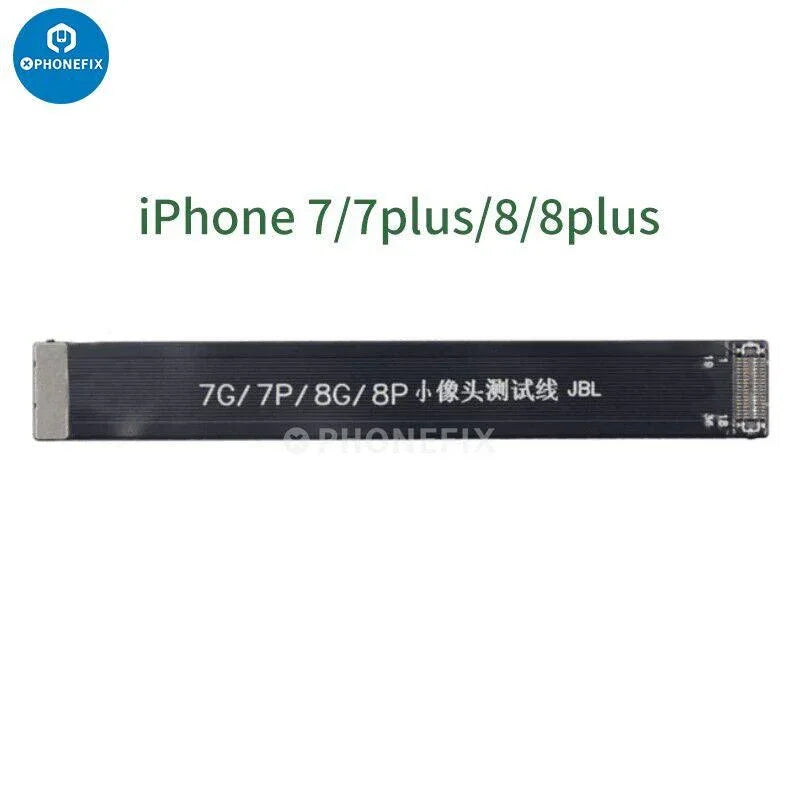 Test de la nappe d'extension de la caméra frontale PhoneFix pour iPhone 6-15 Pro Max en vue du remplacement d'écran, montrant la nappe flexible et le connecteur.