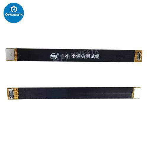 Test de câble flexible d'extension de caméra frontale PhoneFIX iPhone 6-15 Pro Max pour remplacement d'écran, montrant le câble flexible et les connecteurs.