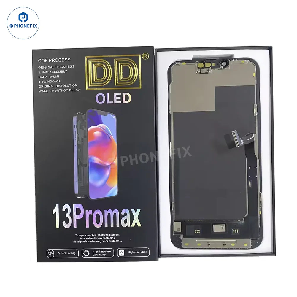 PhoneFix DD OLED screen assembly replacement for iPhone 11-17 Pro Max, showing a new phone screen with clean display.