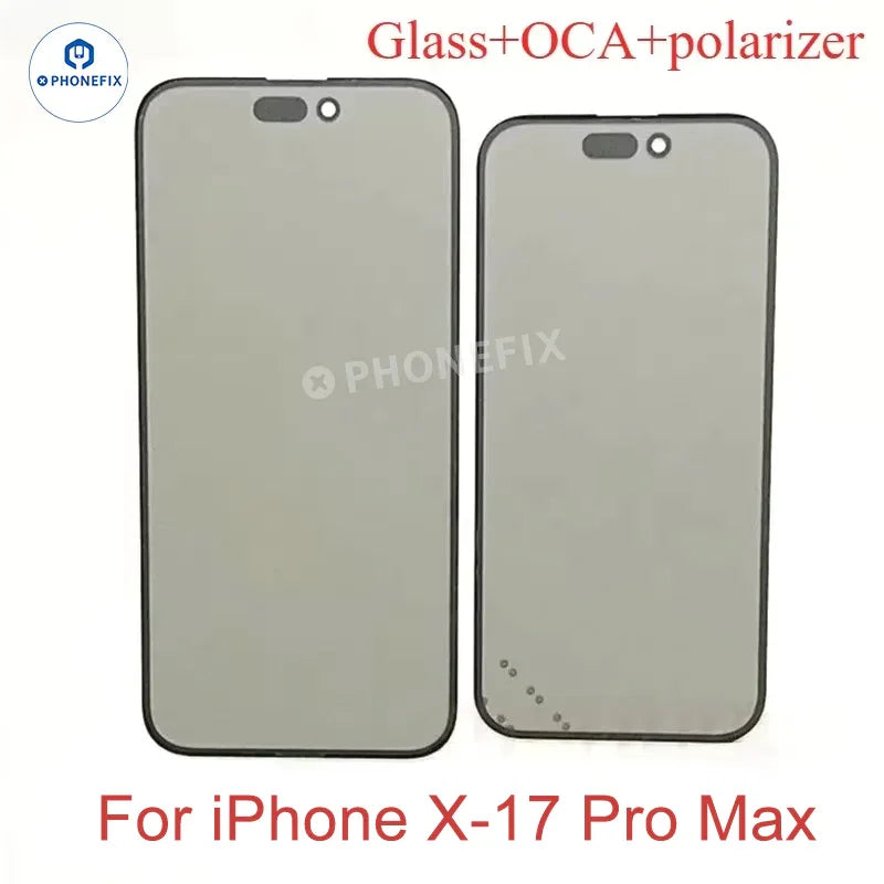 PhoneFIX iPhone X to 17 Pro Max screen replacement with front glass and OCA polarizer for repair and protection.