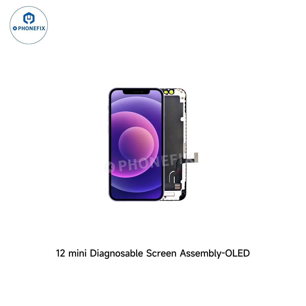 Remplacement d'écran OLED PhoneFix pour iPhone 12 mini (compatible iPhone 12-16), sans transfert de circuit intégré, avec affichage de l'écran OLED de diagnostic.