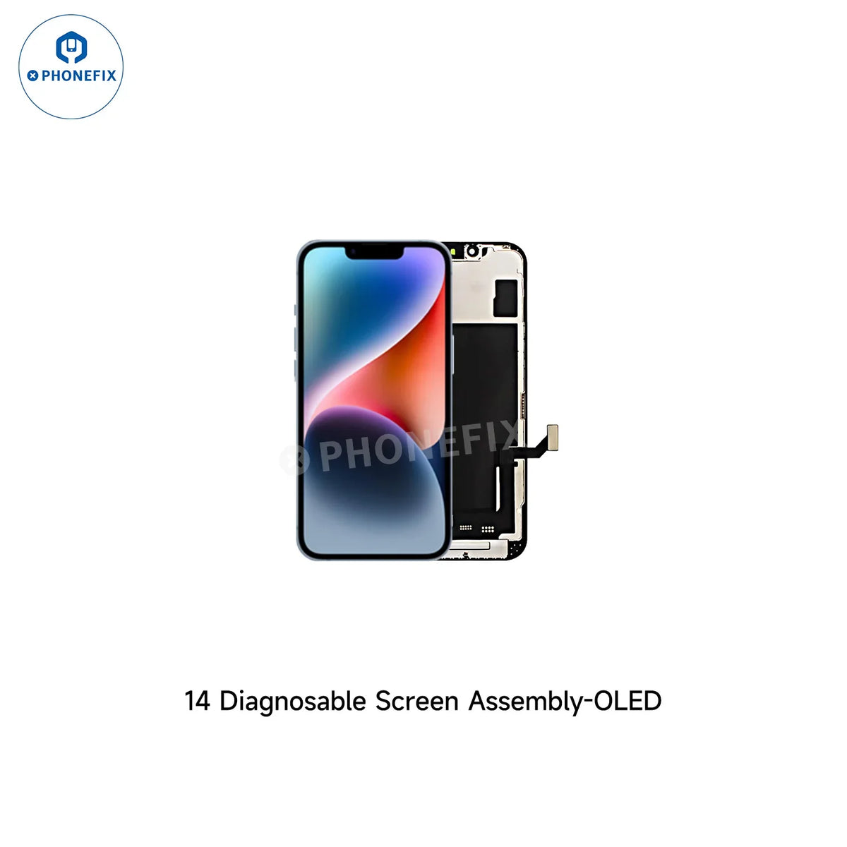 Remplacement d'écran OLED de diagnostic pour iPhone 12-16 par PhoneFix, sans transfert de circuit intégré requis, comme illustré sur un écran de téléphone.