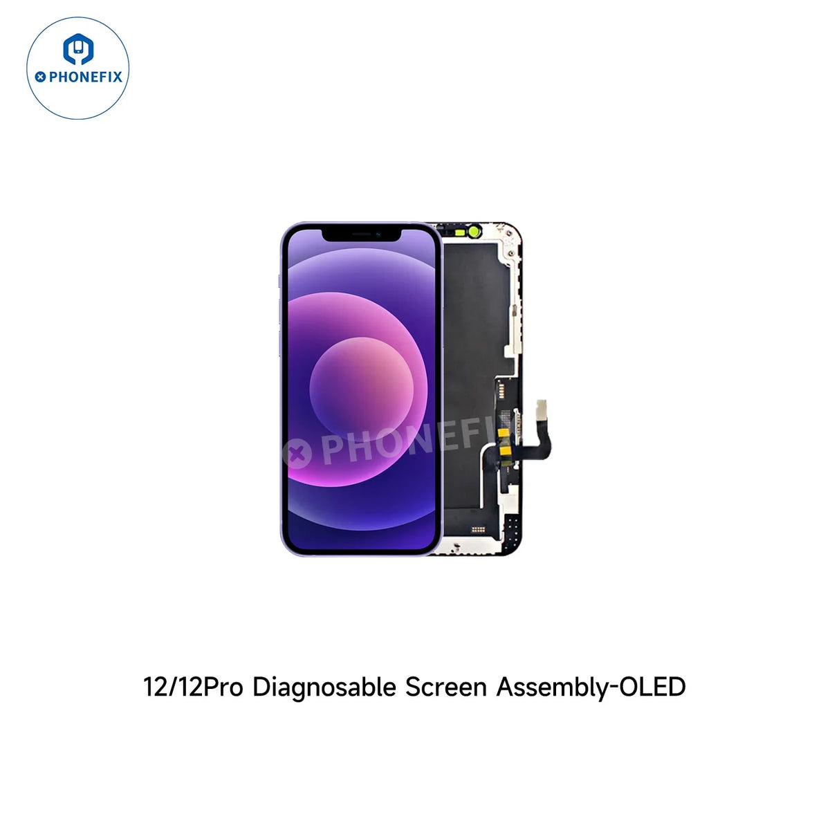 PHONEFIX Remplacement d'écran OLED pour iPhone 12-16 à usage diagnostique, aucun transfert de circuit intégré nécessaire, compatible avec les modèles iPhone 12 et 12 Pro.