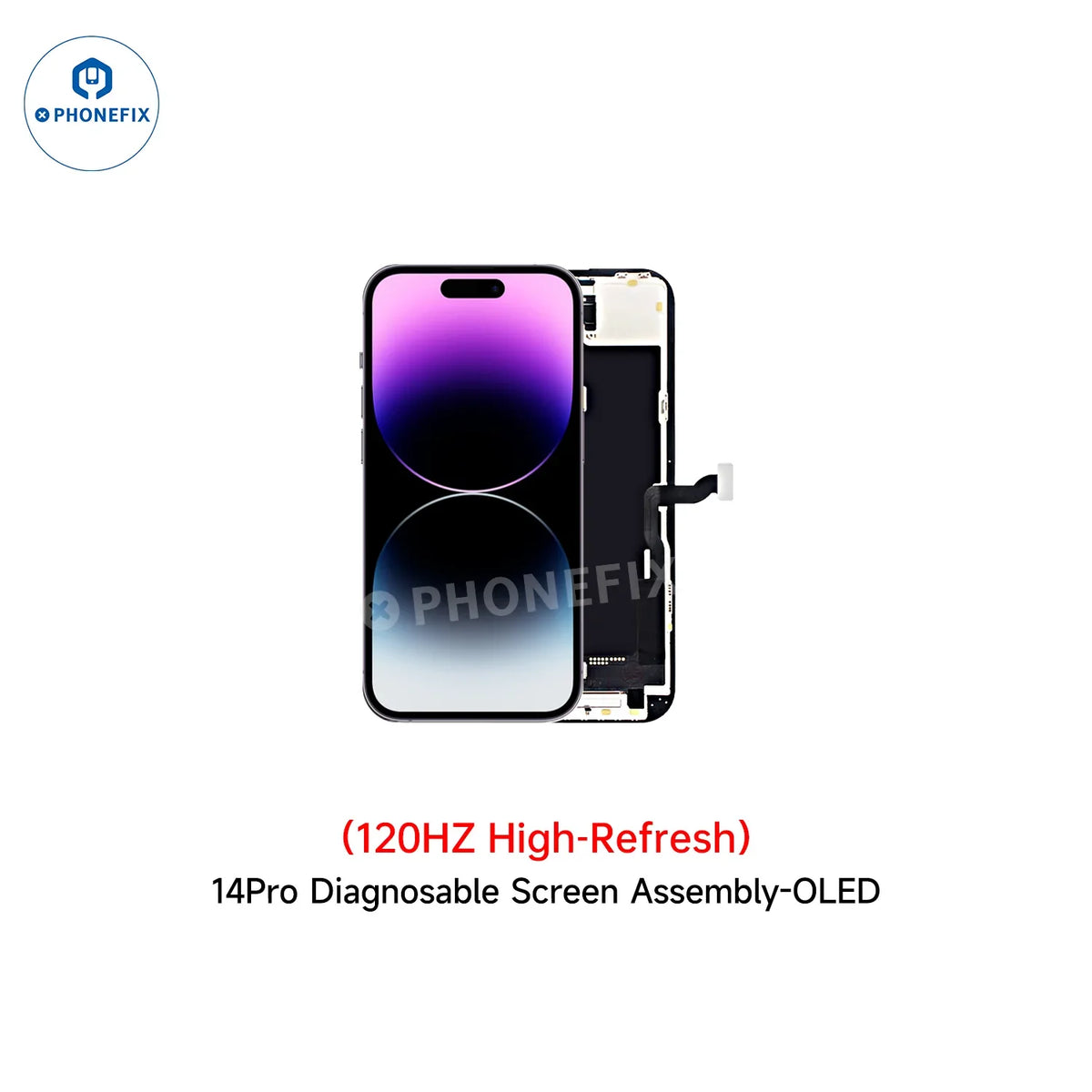 PhoneFix propose un remplacement d'écran OLED pour iPhone 14 Pro compatible avec les modèles iPhone 12 à 16&nbsp;; écran de diagnostic ne nécessitant aucun transfert de circuit intégré.