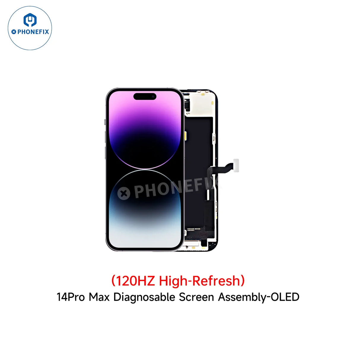 Écran OLED de remplacement PhoneFix pour iPhone 14 Pro Max compatible avec les iPhone 12 à 16, sans transfert de circuit intégré, avec technologie d'affichage de diagnostic.