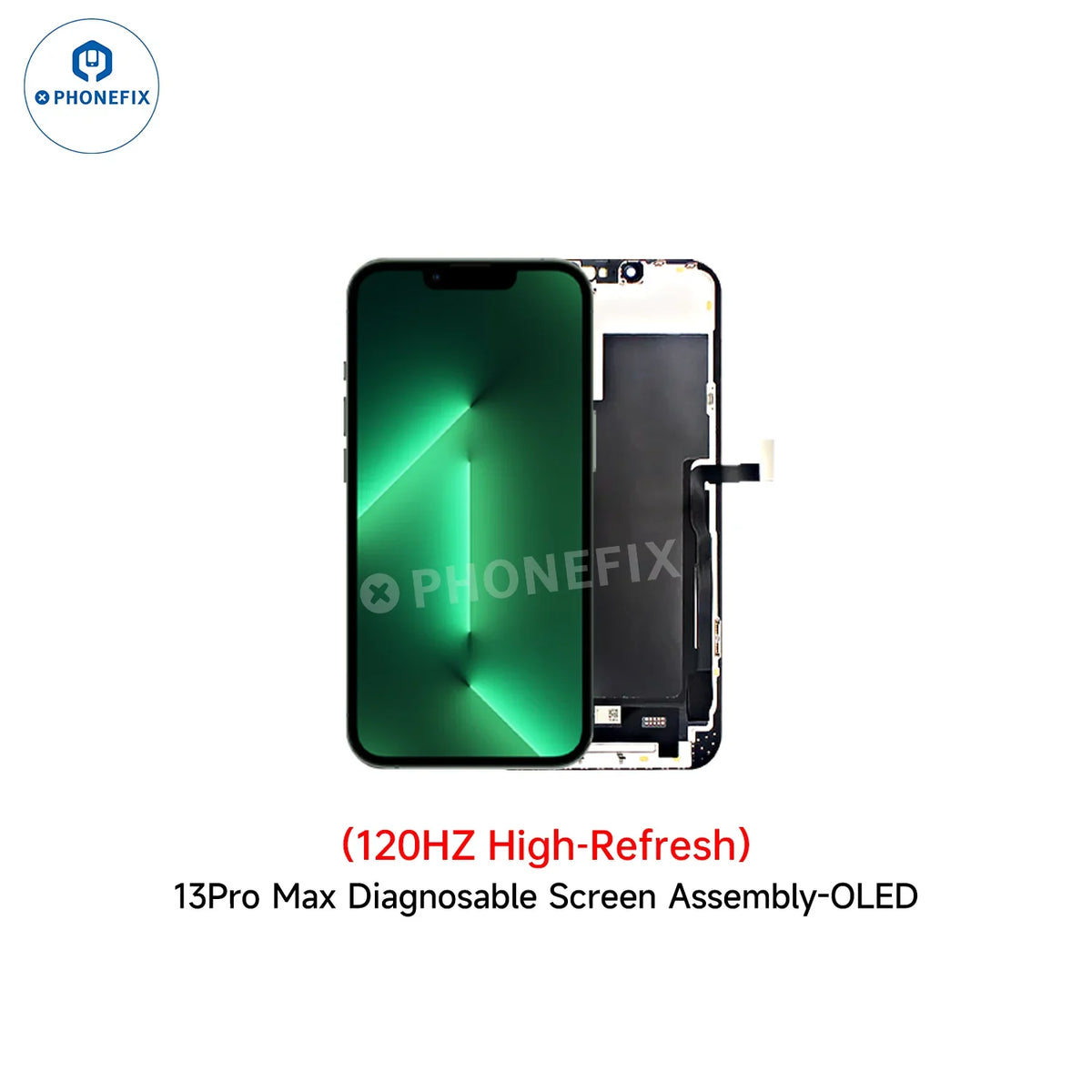 Remplacement d'écran OLED PhoneFix pour iPhone 13 Pro Max (compatible iPhone 12-16), sans transfert de circuit intégré, image d'affichage de diagnostic de haute qualité.