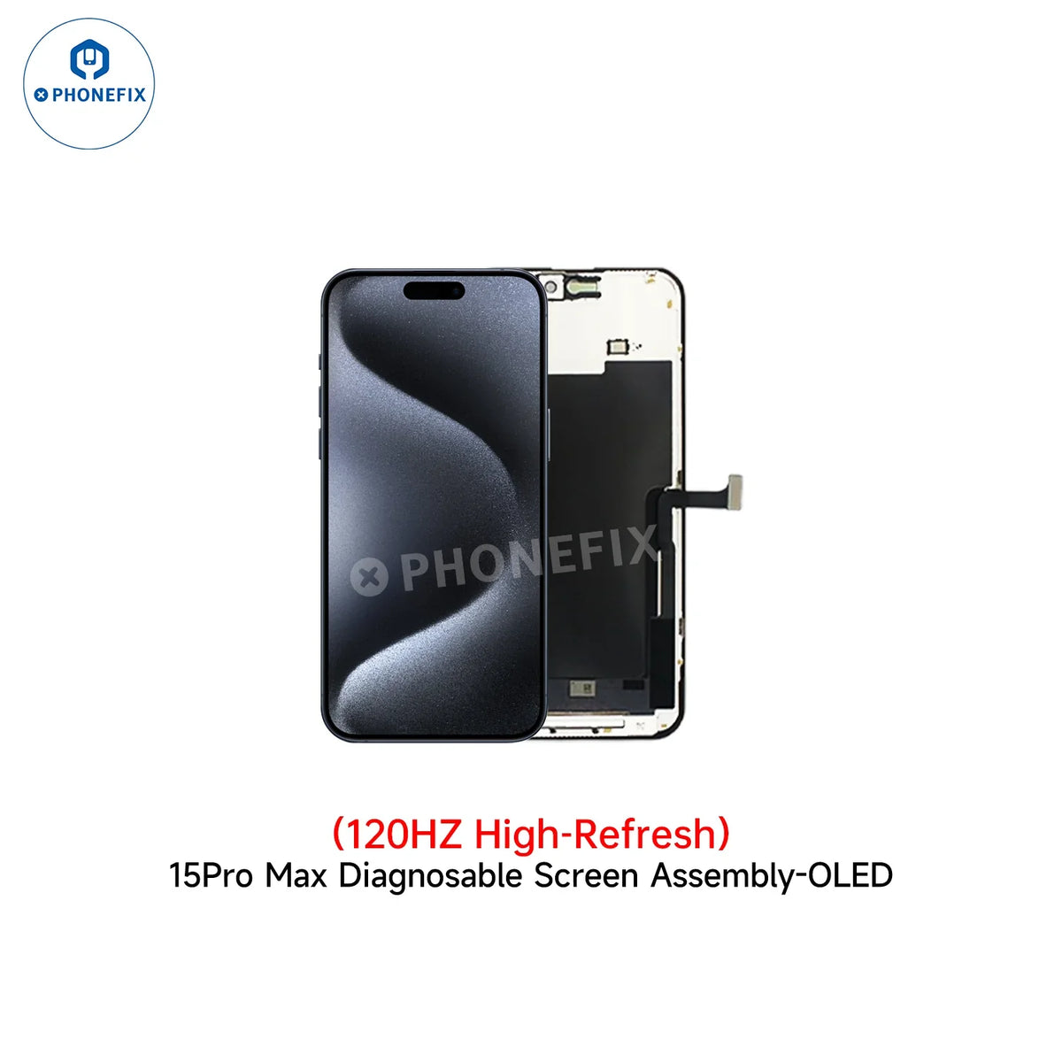 PhoneFix propose le remplacement d'écran OLED pour iPhone 12-16 (compatible avec l'iPhone 15 Pro Max), un écran de diagnostic sans transfert de circuit intégré.
