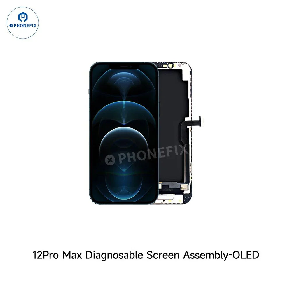 PHONEFIX Remplacement d'écran OLED pour iPhone 12-16 (diagnostic), aucun transfert de circuit intégré requis, gros plan de l'écran du téléphone montrant les détails d'affichage.