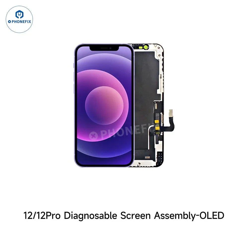 PHONEFIX Remplacement d'écran OLED pour iPhone 12-16 sans transfert de circuit intégré, avec affichage d'un écran neuf.