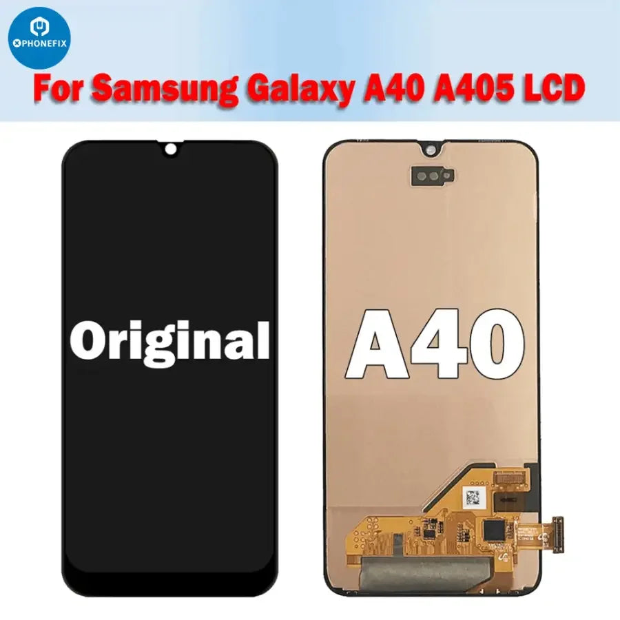 Samsung A40 LCD touch display screen replacement by PHONEFIX, showing the new phone screen with front view and connectors.