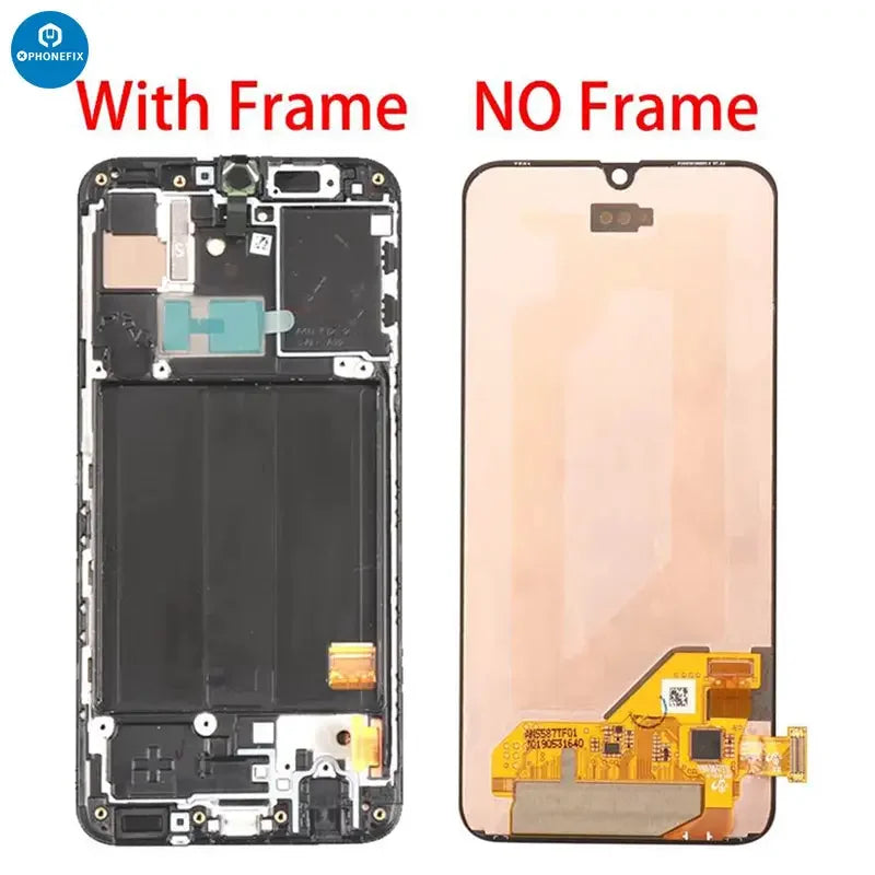 Samsung A40 LCD touch display screen replacement by PHONEFIX, showing the new phone screen with digitizer and LCD components.