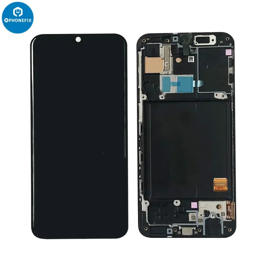 PhoneFIX replacement LCD touch display screen for Samsung A40 with frame, showcasing the original phone screen and touch digitizer.