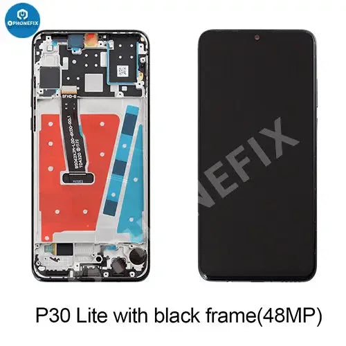Huawei P30 Lite LCD display with original touch screen and frame, compatible with PHONEFIX phone screen replacement.