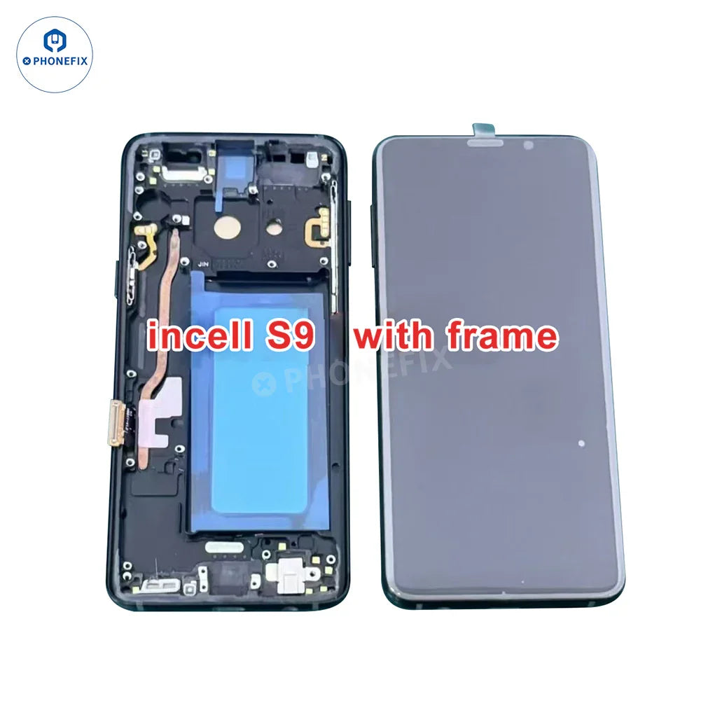 Incell LCD screen with frame assembly for Samsung Note/S series phone replacement, showing the assembled display and frame.