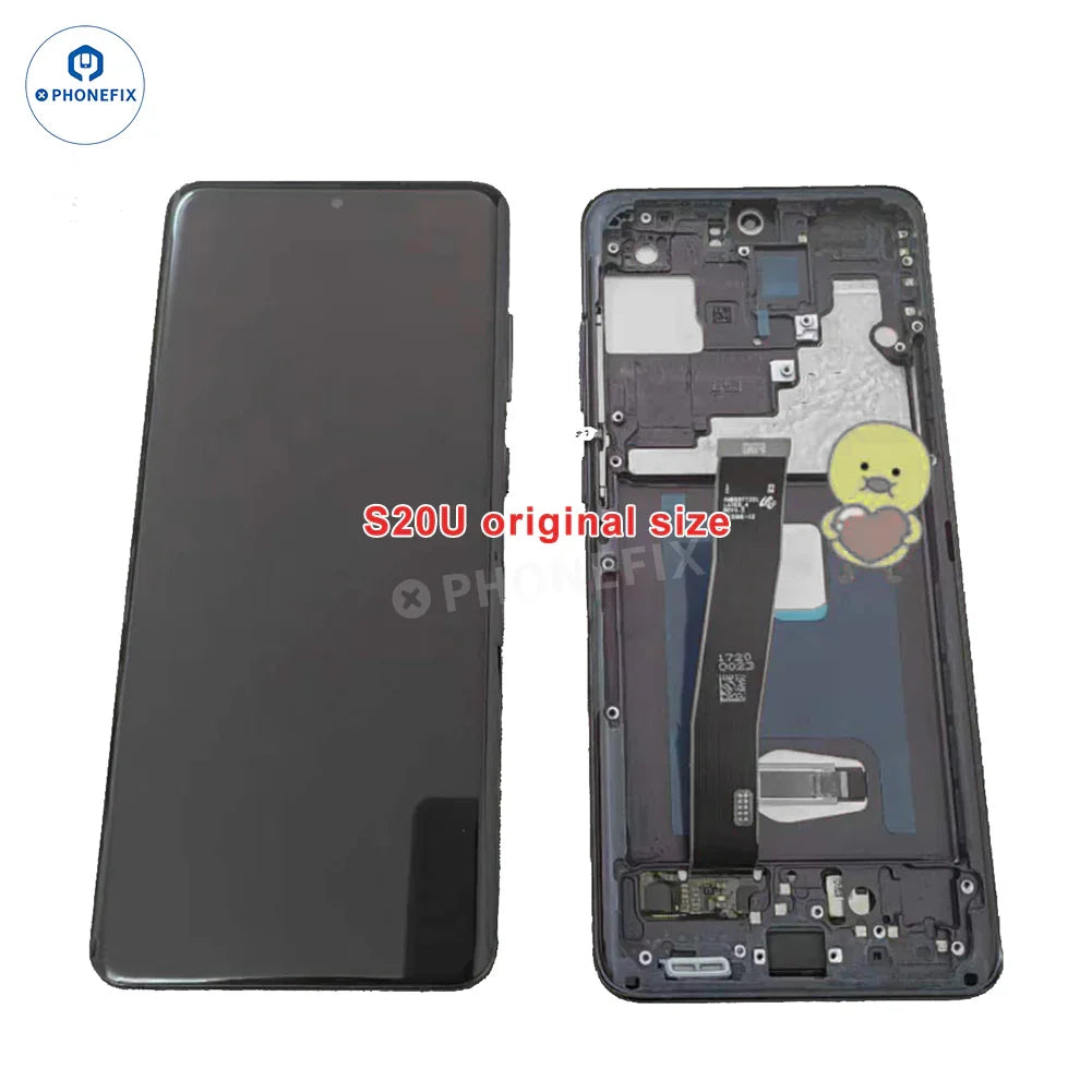 Incell LCD screen with frame assembly for Samsung Galaxy Note/S series, showing the replacement phone screen by PHONEFIX.