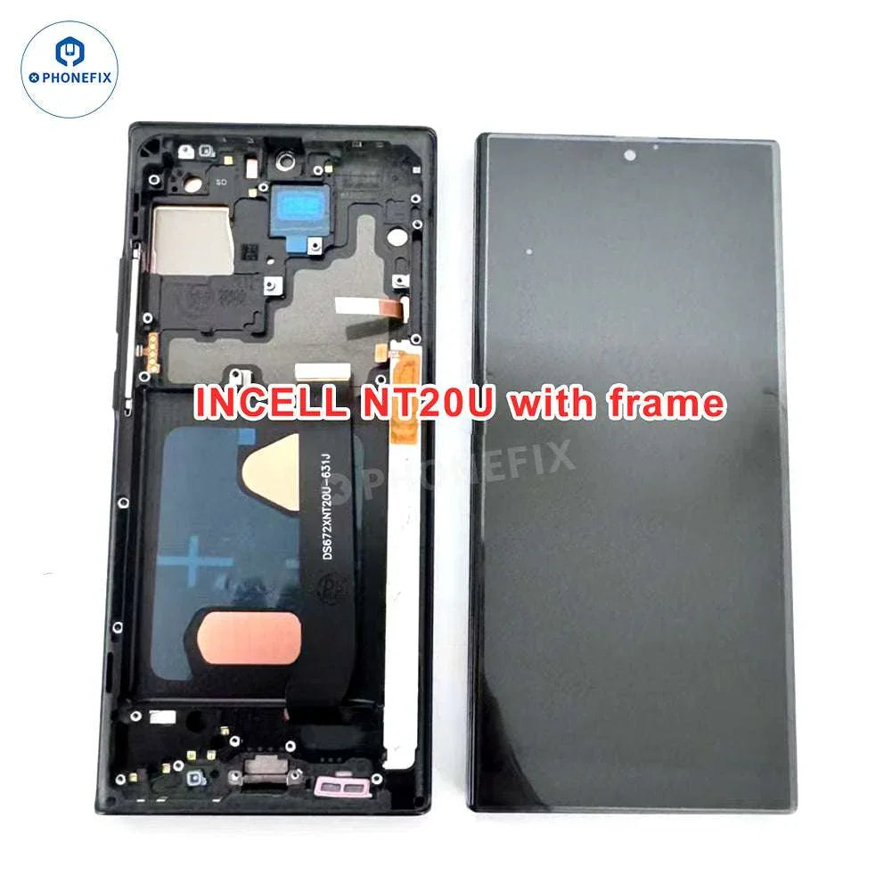 Incell LCD screen with frame assembly for Samsung Note/S Series phone replacement, branded PHONEFIX, showing front view of the assembled screen