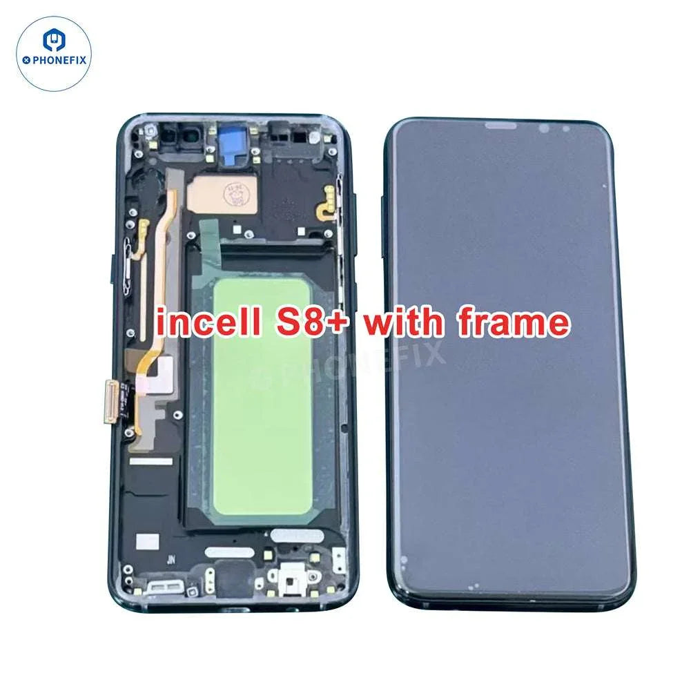 Incell LCD screen with frame assembly for Samsung Note/S Series, showing the replacement phone screen by PHONEFIX.