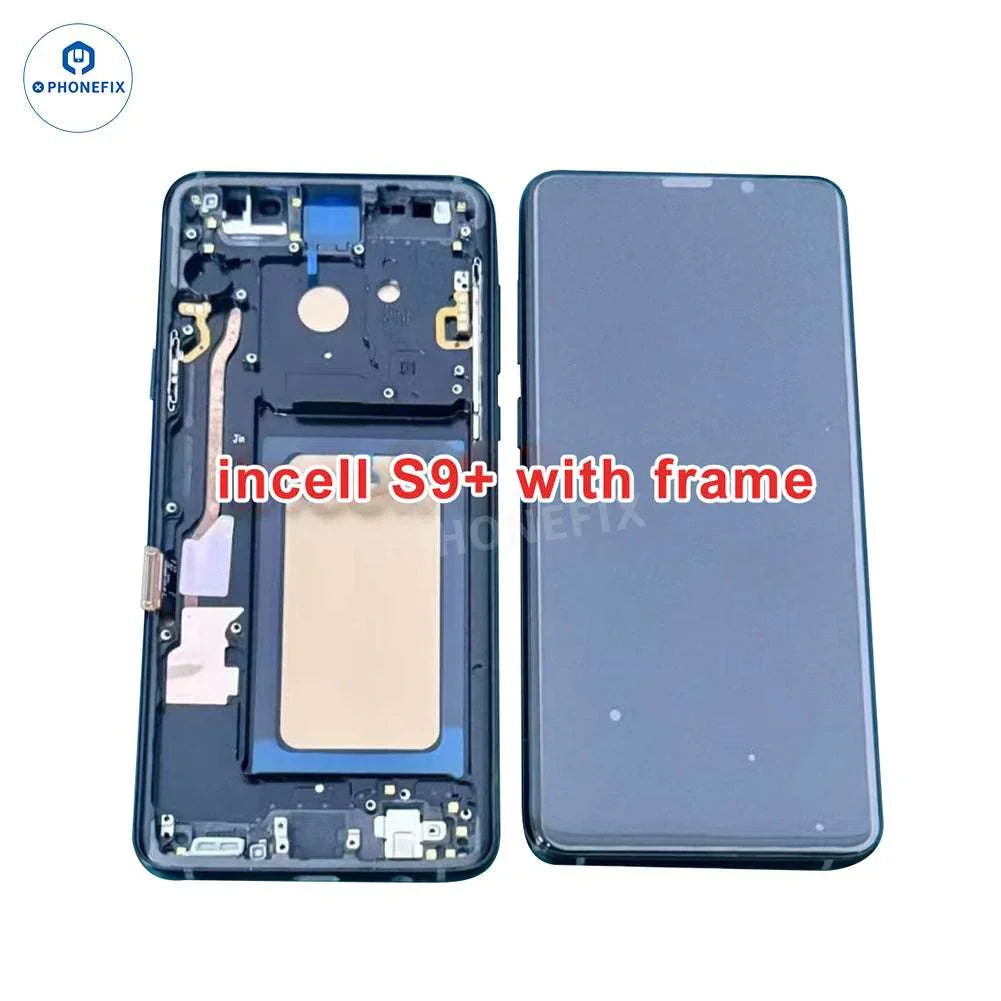 Incell LCD screen with frame assembly for Samsung Note and S Series phones, showing the replacement screen and frame.