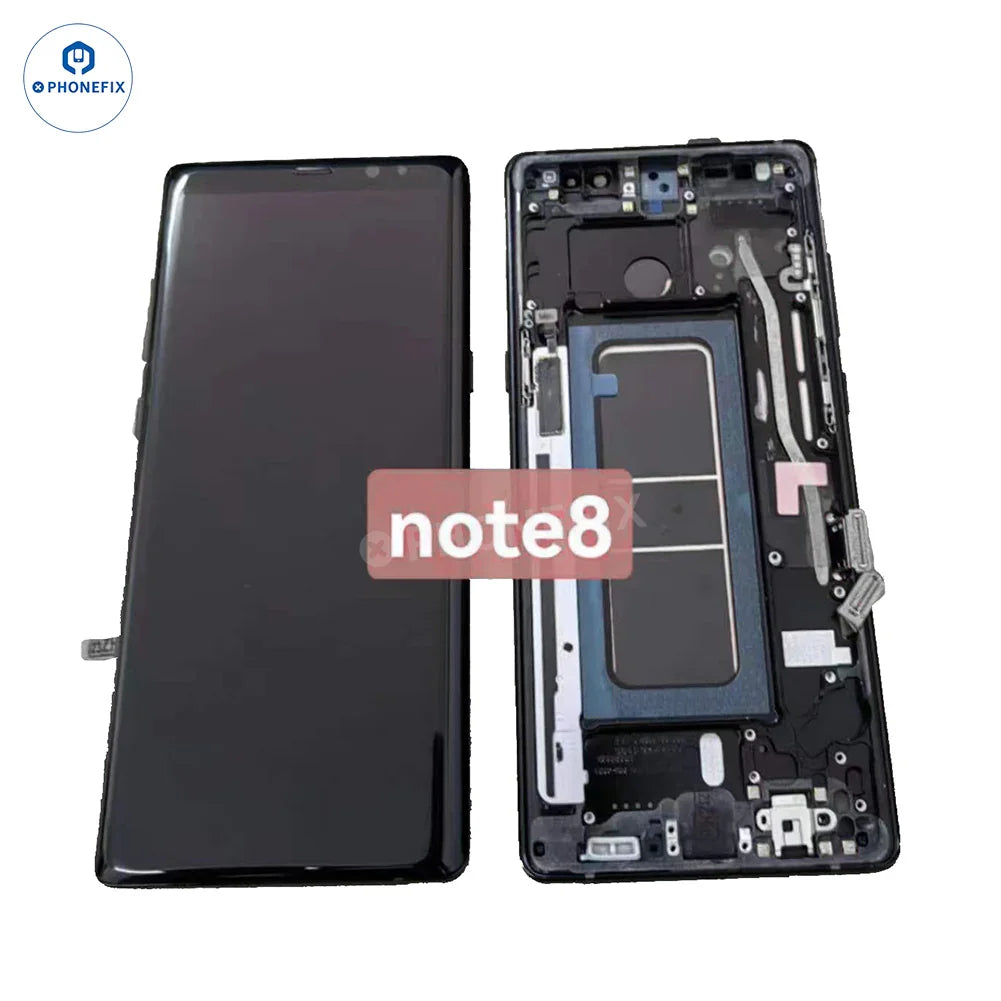 Samsung Galaxy Note8 OLED screen assembly with frame replacement parts, display and digitizer for phone screen repair.