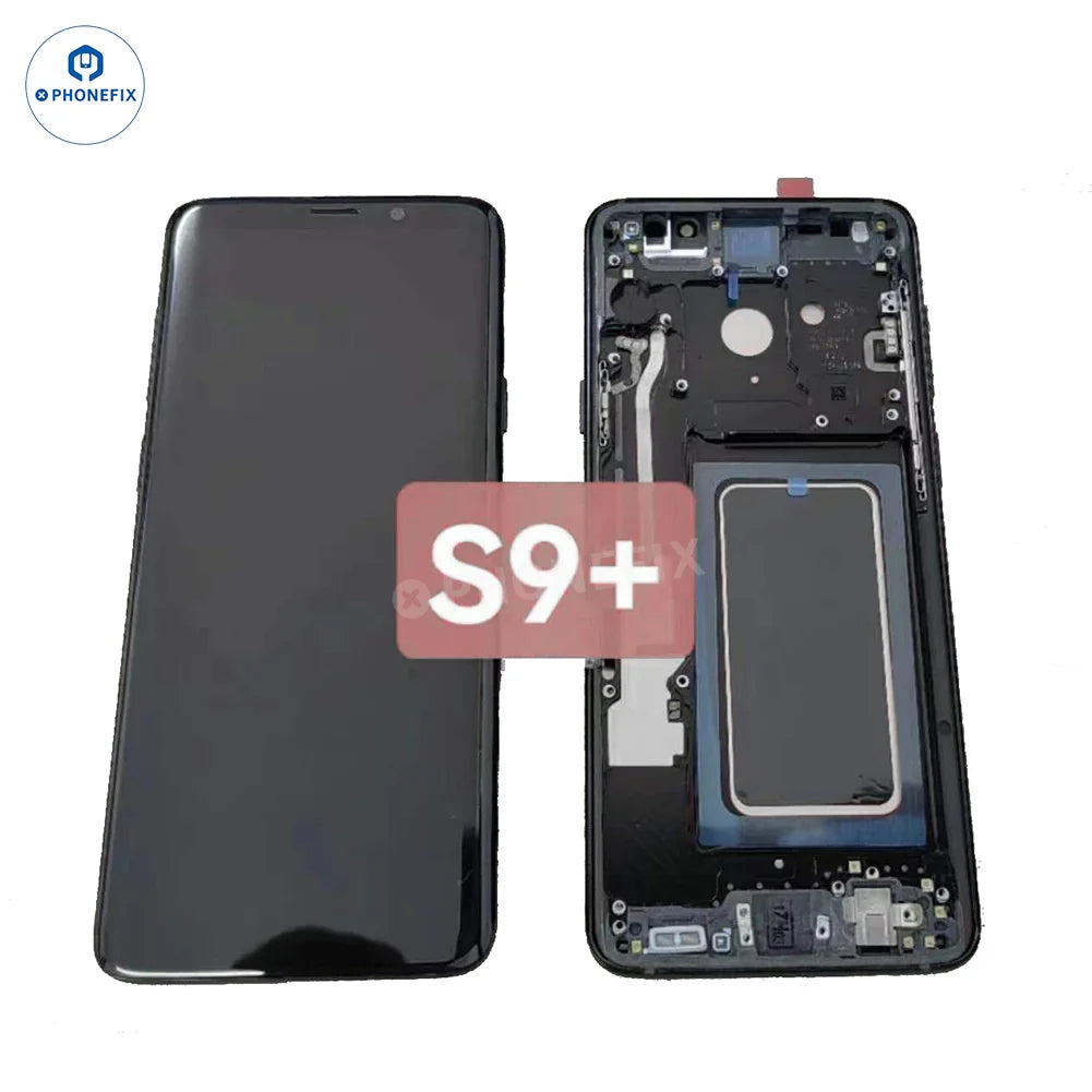 Samsung Galaxy S9 OLED screen assembly with frame replacement parts by PHONEFIX, showing the assembled phone screen and frame.