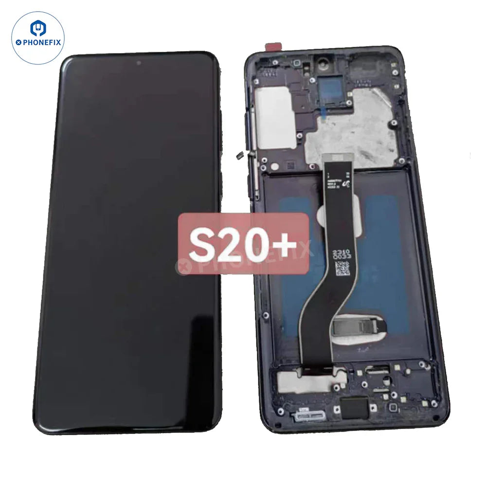 Samsung Galaxy OLED screen assembly with frame replacement parts for Galaxy S20, showing the new screen and frame in detail.