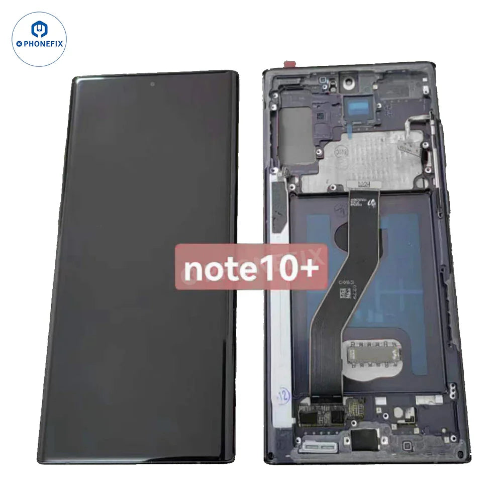 Samsung Galaxy Note10 OLED screen assembly with frame replacement parts, showing the phone screen and frame from PHONEFIX.