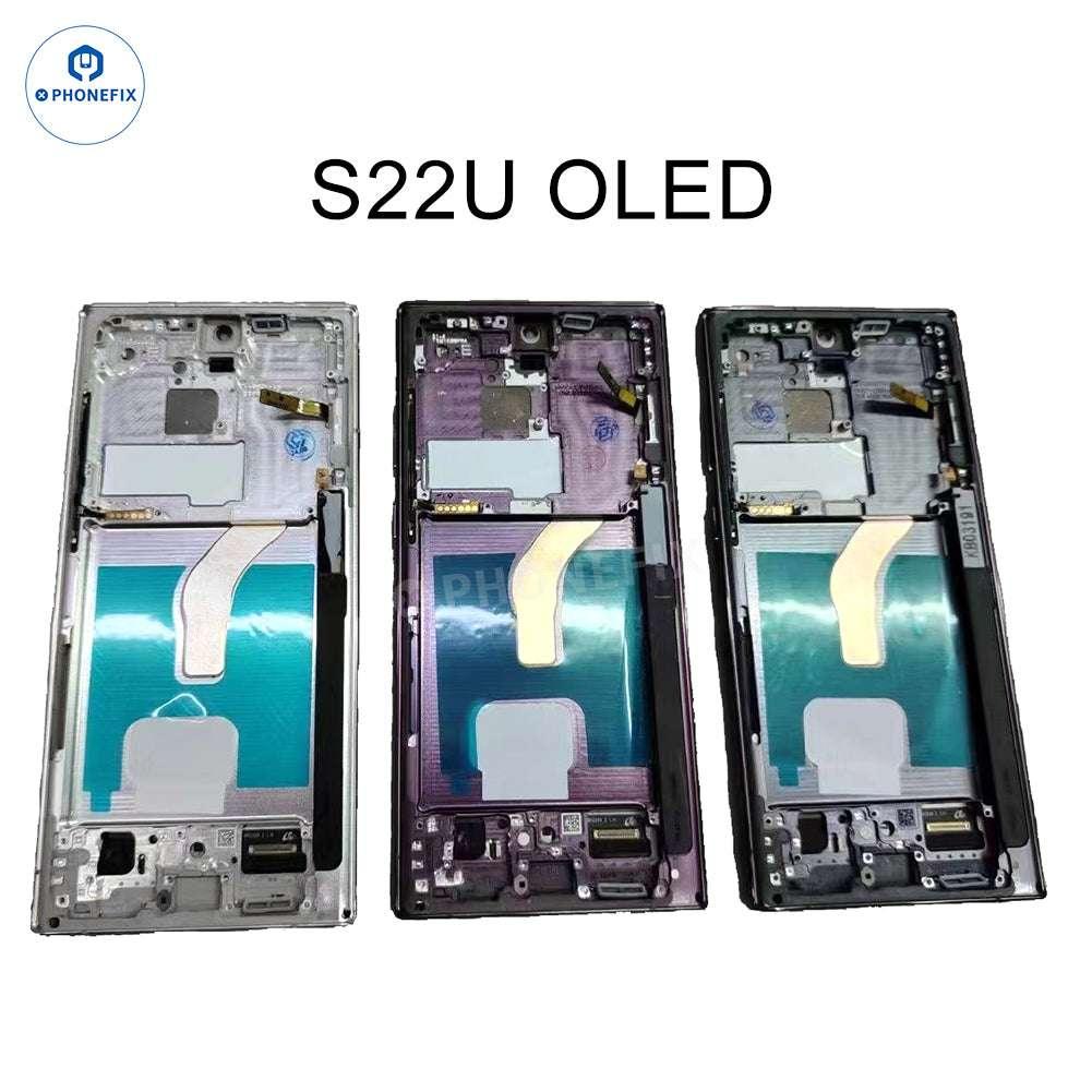 Samsung Galaxy S22 Ultra OLED screen assembly with frame replacement from PHONEFIX, featuring a new, pristine phone screen for repair.