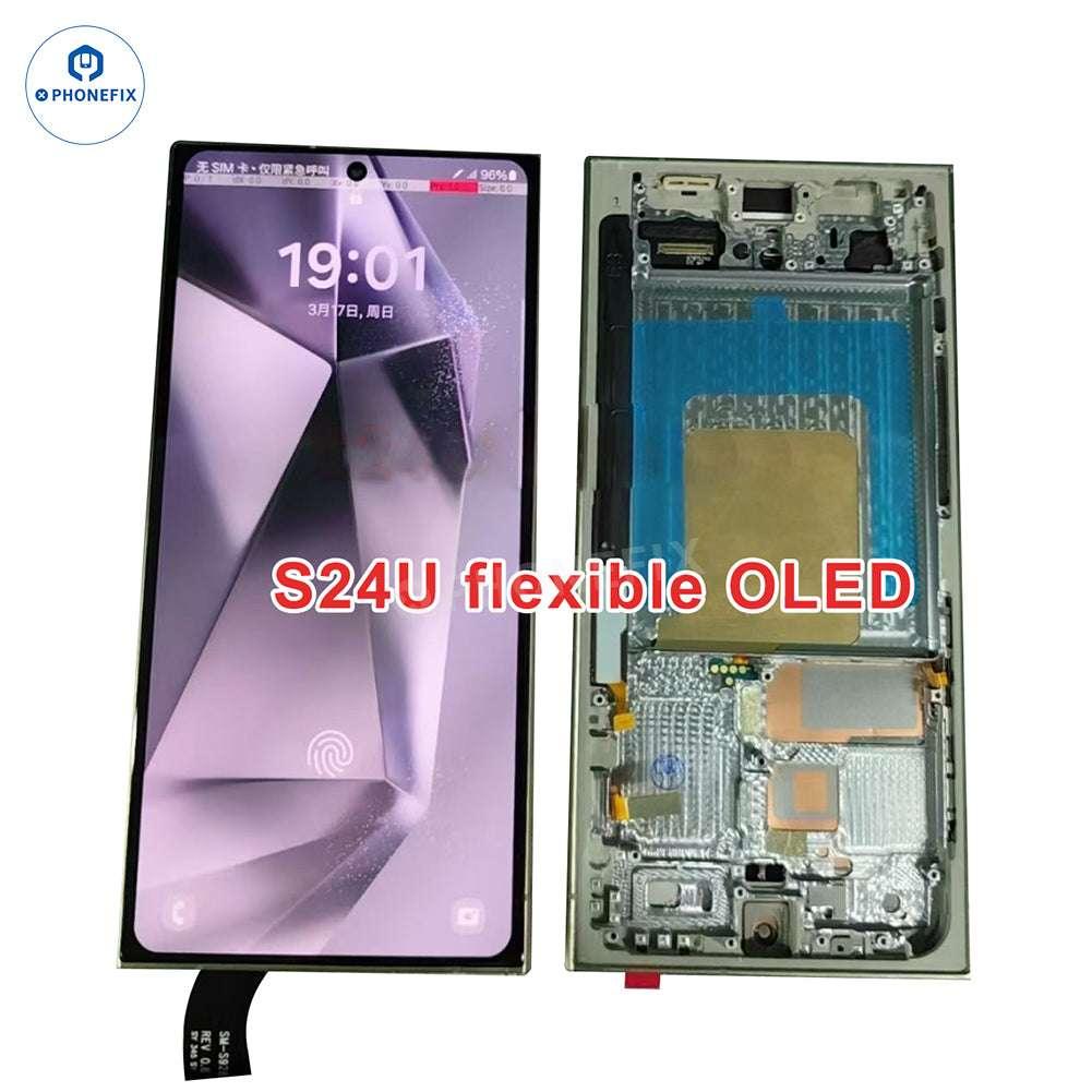 Samsung Galaxy S24U OLED screen assembly with frame, flexible replacement parts for phone screen repair by PHONEFIX.