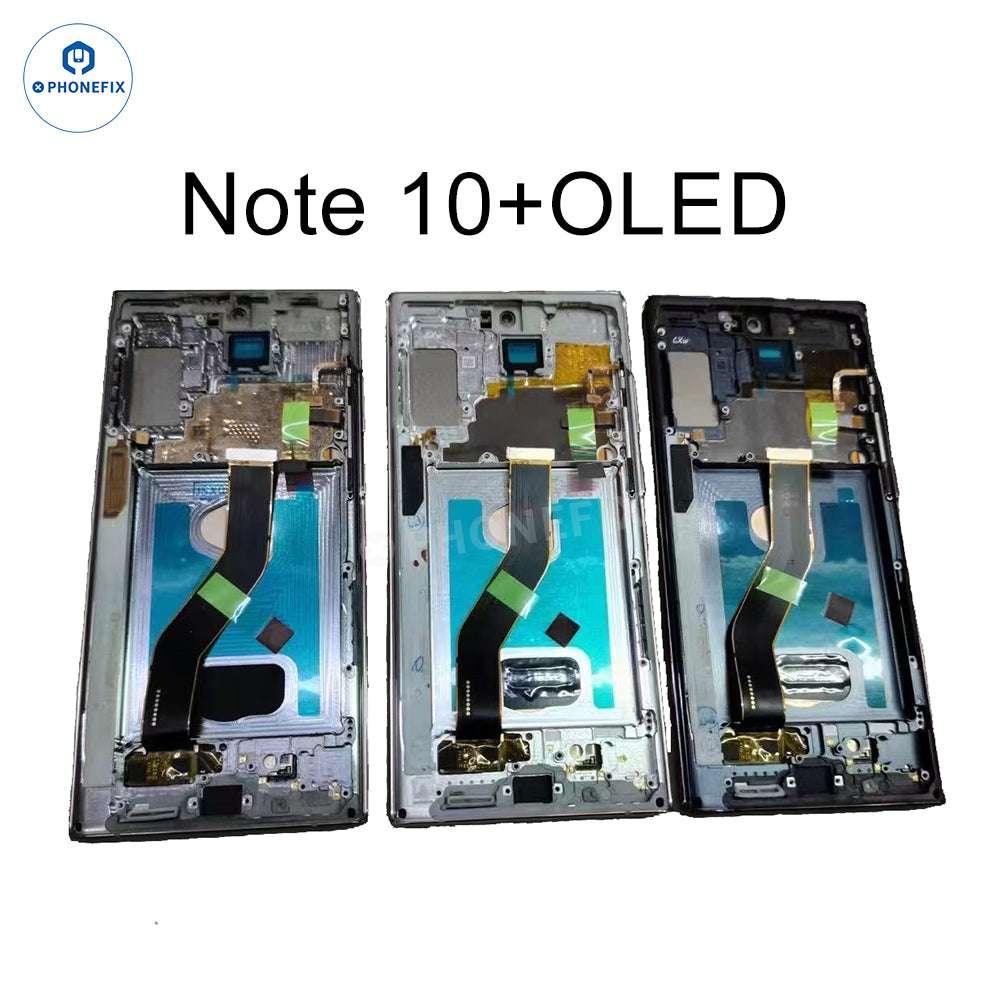 Samsung Galaxy Note 10 OLED screen assembly with frame replacement parts, PHONEFIX brand, showing the assembled phone screen.